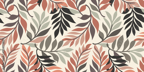 Stylized floral pattern with overlapping leaves in muted earth tones