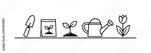 Gardening icons showing the process from seed to flower, including tools and watering can