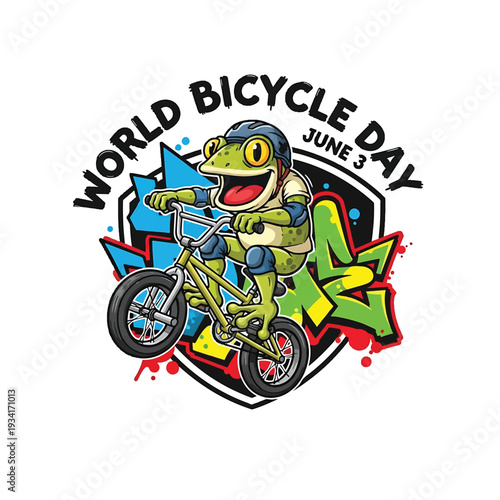 World Bicycle Day Frog on BMX Bike with Graffiti Shield