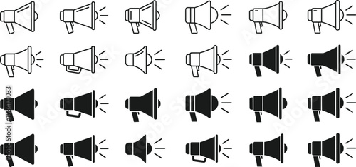 A collection of Icon megaphone illustrations in various styles and colors.