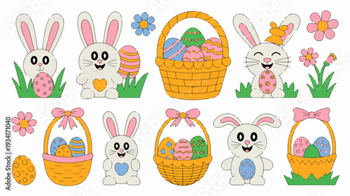 Easter bunnies and baskets with colorful eggs on white background springtime celebration