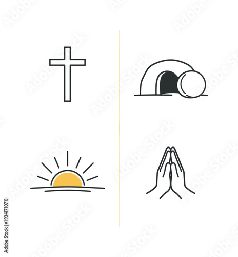 Christianity symbols: cross, empty tomb, sunrise, and praying hands icons