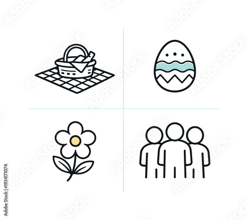 Set of four simple line art icons representing picnic, Easter egg, flower, and people