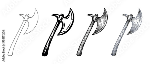 Four different styles of medieval battle axe illustrations showcasing various artistic techniques from outline to stippling for design projects.