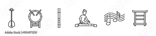 Traditional Asian musical instruments and cultural symbols are presented as clean, minimalist line art icons.