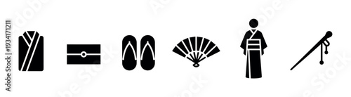 Japanese traditional clothing and accessories icons collection featuring cultural garments, footwear, and ornaments.