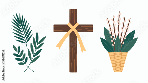 Easter symbols palm branch wooden cross with yellow ribbon and potted plant on white background