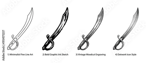 Four distinct artistic styles of a curved saber weapon, including minimalist line art, bold ink, woodcut, and dotwork.