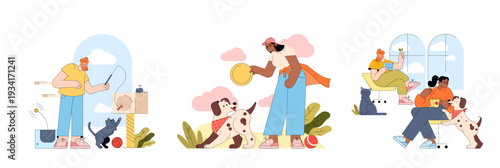 Playful Pet Activities with People Vector Illustration