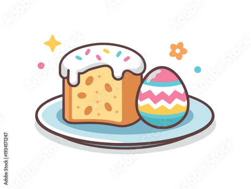 Festive Easter cake and decorated egg on a plate, celebrating spring holidays