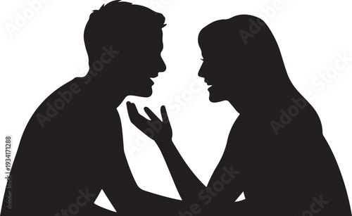 Black silhouette of a man and woman facing each other talking