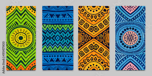 Four vibrant rectangular panels displaying colorful geometric and tribal patterns