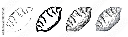 Four different styles of delicious dumpling illustrations showcasing various artistic techniques from line art to dotwork.