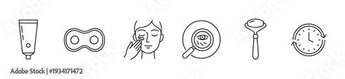 Skincare beauty treatment routine icons set illustrating various steps for healthy and youthful skin.