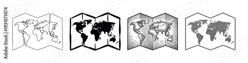 World map illustrations depicting various artistic styles including outline, solid, hatched, and dotted patterns.