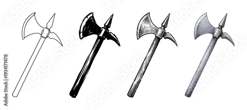 Four distinct artistic styles of a medieval battle axe weapon, showcasing various drawing techniques from line art to stipple.