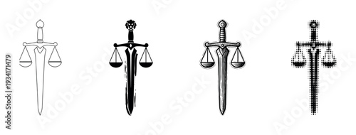 Four stylized justice symbols representing law and fairness are depicted in a collection of distinct artistic styles.
