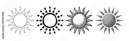 Four different stylized sun icons in black and white showcasing various artistic styles from simple outlines to detailed engravings and stippling.