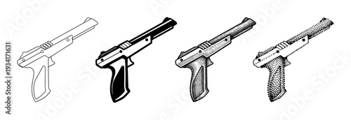 Four different stylized handguns illustrated in various artistic techniques, showcasing diverse graphic styles.