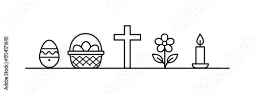 Easter symbols including a decorated egg, basket of eggs, cross, flower, and candle