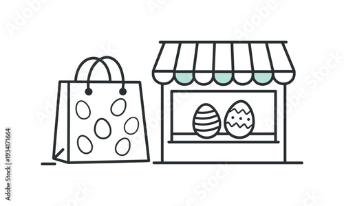 Easter shopping bag and decorated eggs in a market stall, simple line art illustration