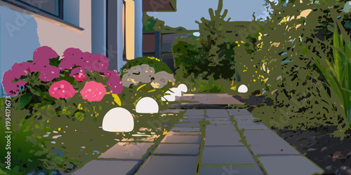 Illuminated garden pathway with vibrant pink flowers and lush greenery