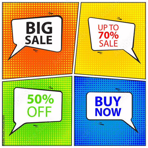 Vector set comic book style banners for retail. Features "BIG SALE" and "BUY NOW" text inside white jagged explosive speech bubbles. Dynamic pop art design with bold black outlines