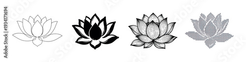 Four different stylized lotus flower illustrations in various artistic styles, perfect for spiritual and wellness designs.