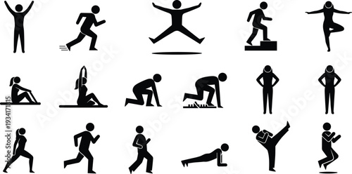 A set of black silhouettes depicting various yoga poses and exercises for an icon design.