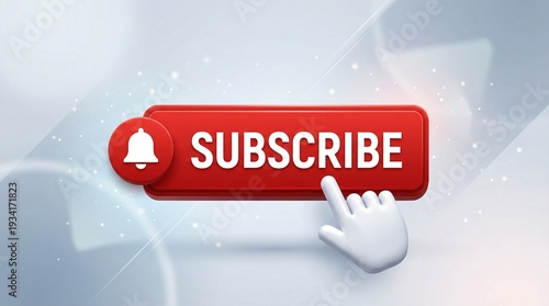 Clean 3D subscribe button design featuring rounded corners bold lettering circular notification bell and realistic hand cursor pointer