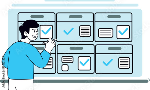 Modern flat illustration of a smiling project manager analyzing chart schedule on a board, with check mark,business planning