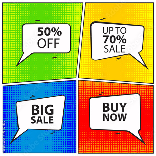 Vector set comic book style banners for retail. Features "BIG SALE" and "BUY NOW" text inside white jagged explosive speech bubbles. Dynamic pop art design with bold black outlines