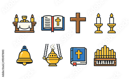 Collection of Christian religious symbols and items for worship and ceremony