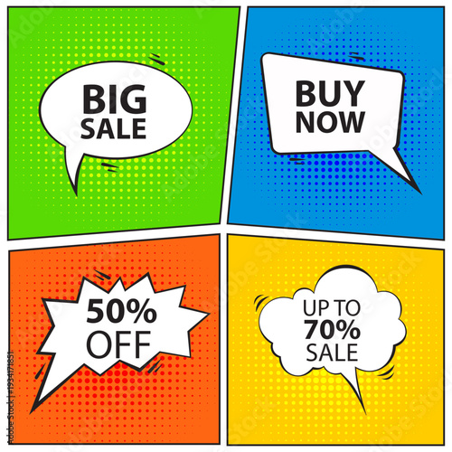 Vector set comic book style banners for retail. Features "BIG SALE" and "BUY NOW" text inside white jagged explosive speech bubbles. Dynamic pop art design with bold black outlines