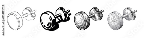 Four distinct styles of stud earrings are illustrated using various black and white artistic techniques.
