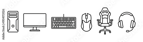 Gaming setup equipment icons illustrating various essential components for an immersive digital experience.