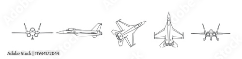Military fighter jet aircraft vector line art illustrations showcasing various views of powerful combat planes in a clean, minimalist style.