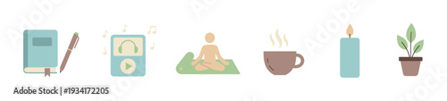 Various flat design icons illustrate essential elements for personal relaxation and well-being activities and objects.