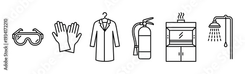 Laboratory safety equipment icons set on white illustrating essential protective gear and emergency tools for scientific work.