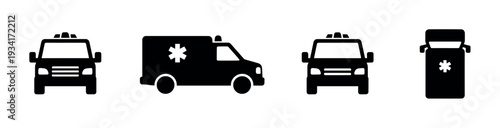 Ambulance icons set showing various views of emergency medical transport vehicles for healthcare services.