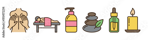 Spa and wellness icons representing relaxation and self-care activities, including massage, essential oils, and hot stones.