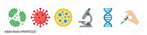 Science and medical laboratory icons illustrating various biological elements, research tools, and genetic concepts.