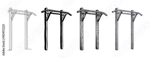 Pull-up bar calisthenics fitness exercise equipment vector illustration set showcasing various artistic styles for athletic training.