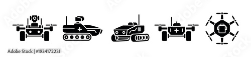 Various autonomous robots and drones collection of icons representing modern technology and future innovation in automation.