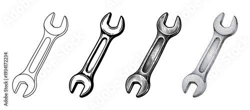 Four different styles of a hand tool wrench illustration showcasing various drawing techniques for design elements.
