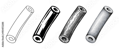Four different styles of hollow tubes illustrated with distinct artistic shading techniques including line art, solid, hatching, and stippling.