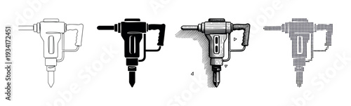 Four different stylized jackhammer illustrations showcasing various artistic styles for construction and demolition concepts.