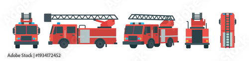 Fire trucks are displayed in a collection of flat design illustrations from multiple angles, representing emergency services.