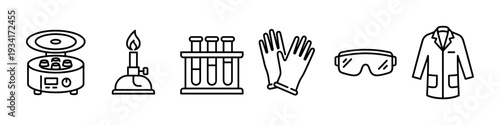 Laboratory equipment and safety gear outline icons collection depicting essential tools for scientific research and experiments.