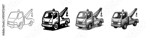 Tow truck vehicle recovery service transportation graphic set of four different artistic styles for emergency roadside assistance.